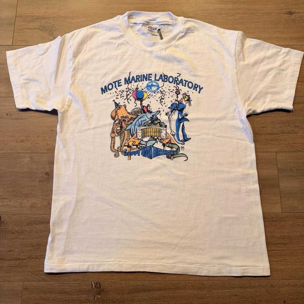 Vintage Mote Marine Laboratory 40th white T-Shirt Hanes Beefy-T Large USA 1995